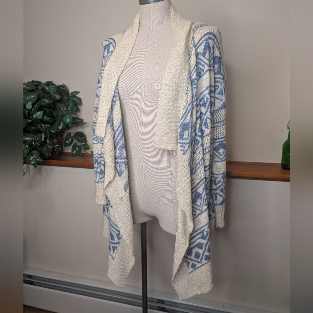 Hippie Rose Blue & Cream Boho Knit Waterfall Cardigan Size M